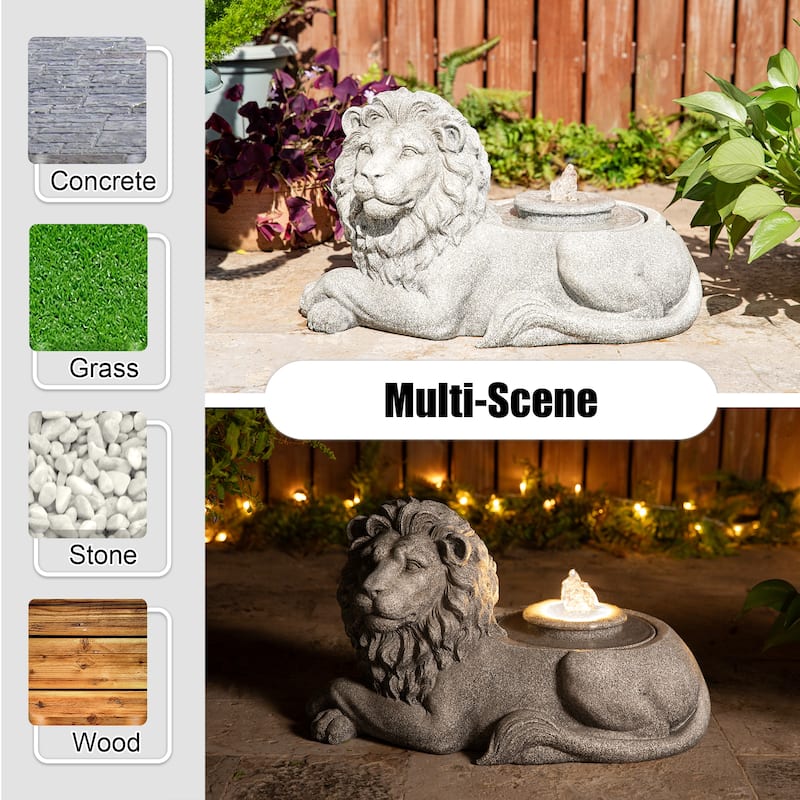 Glitzhome 20"L Zen-Style Lying Lion Polyresin Outdoor Fountain with Pump and LED Light