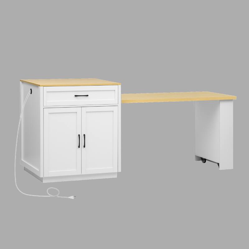 Extendable Kitchen Island with Dining Table for 4-6, Built-in Power Outlet, Storage Shelves & Drawers