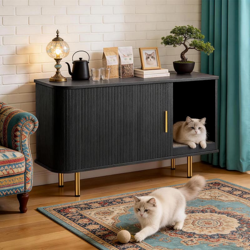 38.5" Cat Litter Box Enclosure with Scratch Pad and Sliding Door,Cat Hidden Litter Box Cabinet,Modern Indoor Cat House,TV Stand