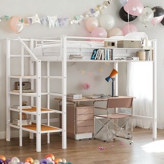 Full Size Loft Bed with Desk , Heavy Duty Metal Loft Bed Full with Shelves, Full Loft Bed Frame for Kids,Teens