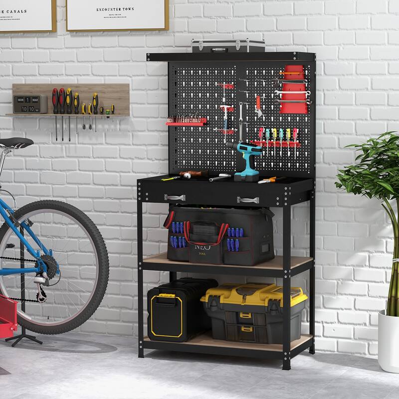 Gymax Multi-use Workbench w/ 2 Shelves Heavy-Duty Work Table Tool