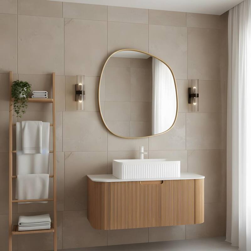 Wall Mounted Bathroom Vanity with White Rectangular Ceramic Basin - 36 - Natural Wood
