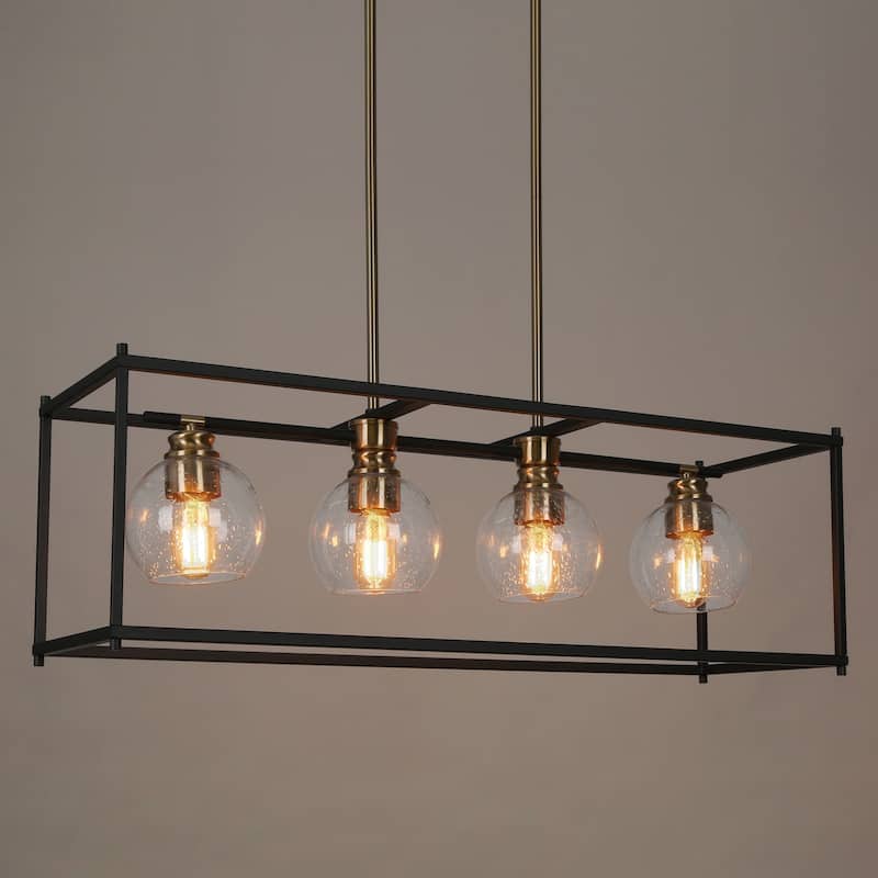 Iain Modern 4-Light Black Gold Chandelier Metal With Seeded Glass Shades Rectangle Kitchen Island Lights for Dining Room