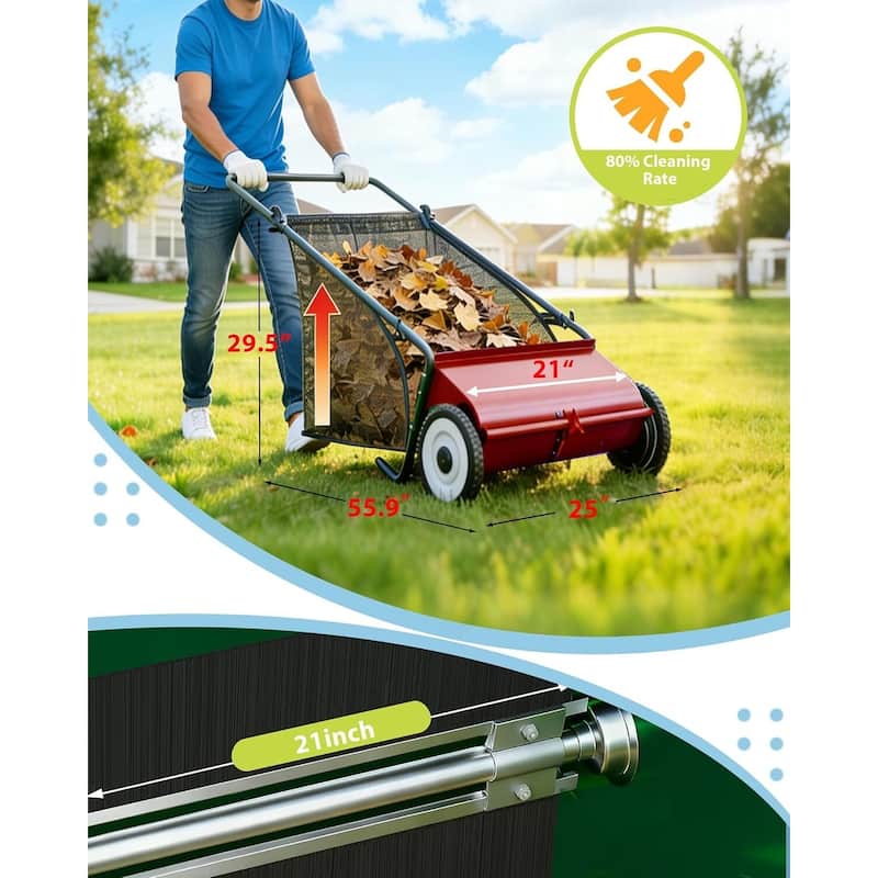 21-Inch Push Lawn Sweeper 35 cu. ft. Capacity Adjustable Height for Grass Leaves and Debris
