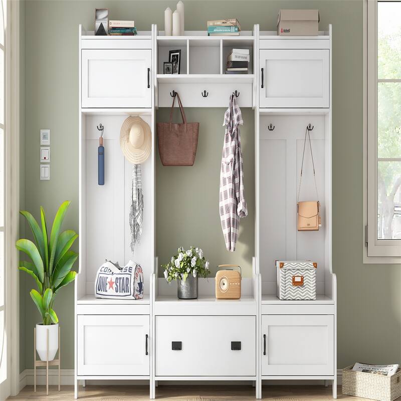 Entryway Coat Rack Shoe Bench Set, Hallway Coat Rack with Storage Drawer Industrial Hall Tree Coat Shoe Rack