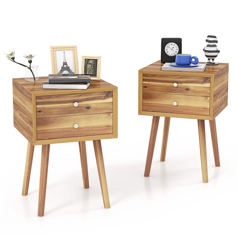 Gymax 2PCS Wooden Nightstand Mid-Century End Side Table W/2 Storage - Brown - 2-drawer