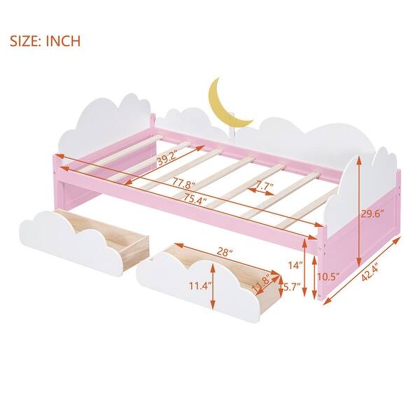 dimension image slide 2 of 4, Twin Size Bed with Cute decoration,Platform Bed with 2 Drawers