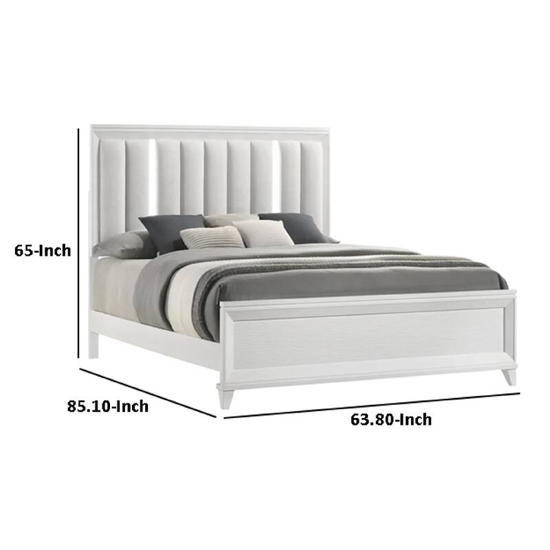 Ressy Queen Platform Bed with LED, Channel Tufted Upholstery, White Wood