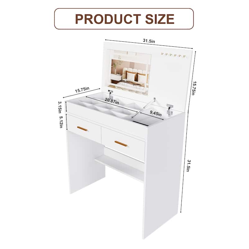 White Makeup Table Vanity Desk with Flip-down LED Mirror & Power Outlet