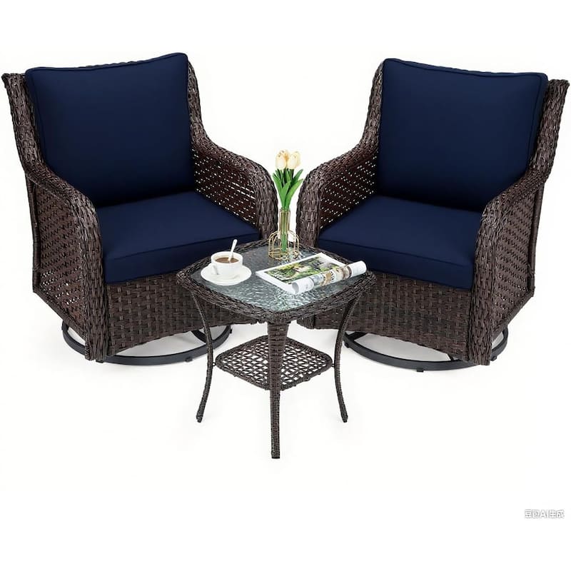 3 Pieces Outdoor Swivel Wicker Glider Patio Chairs with Table Set - Blue