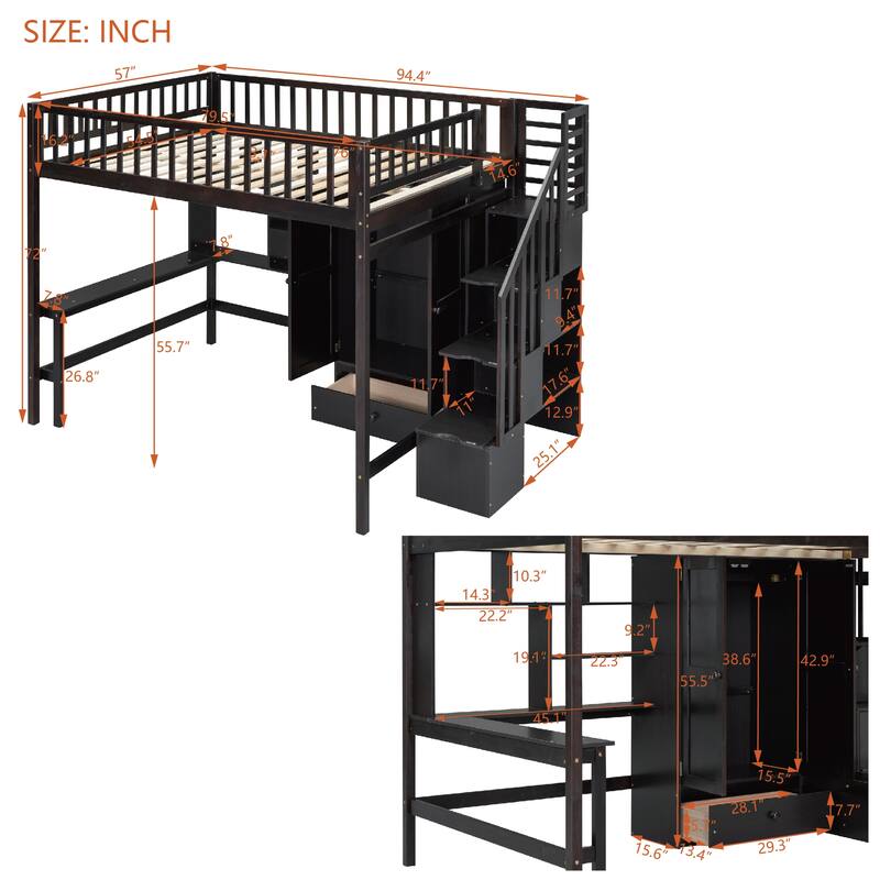 Loft Bed with Bookshelf, Drawers, Desk and Wardrobe