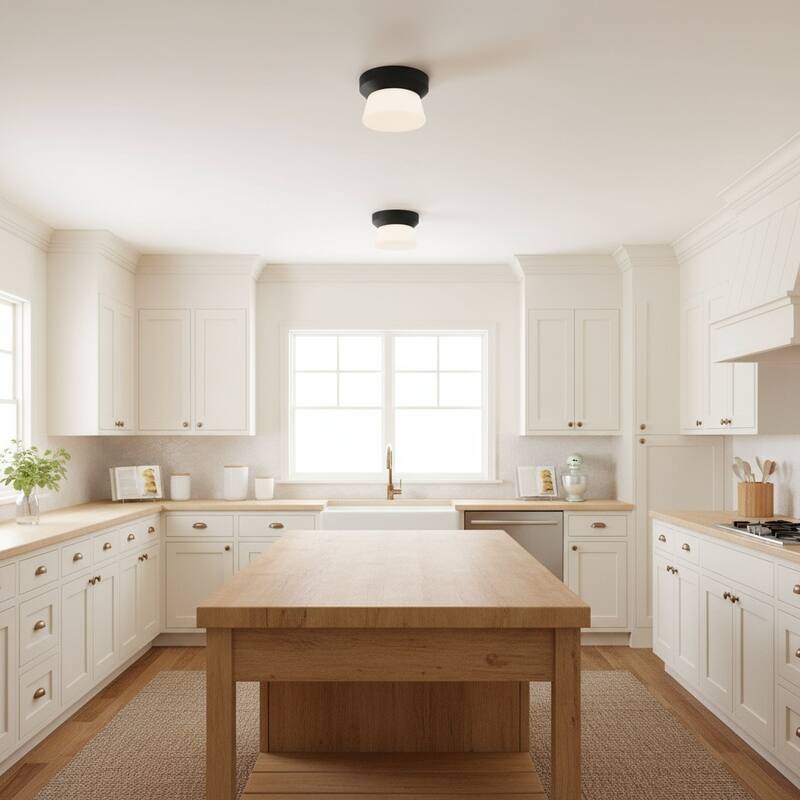 7 Inch LED Flush Mount Light Etched White Glass Shade Dimmable - Black