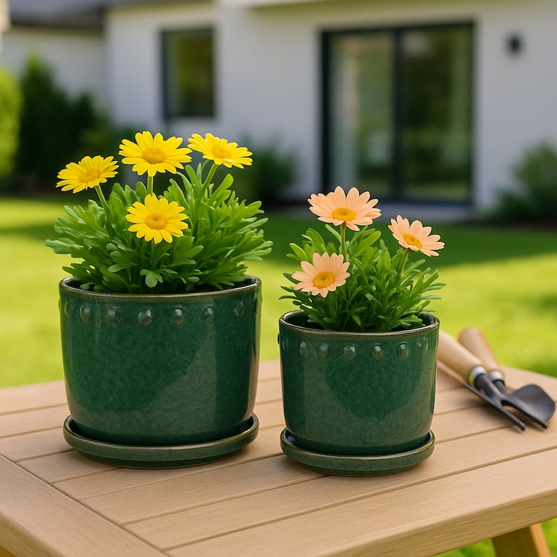 Ceramic Planter with Saucer, Bubble Trim Design - Set of 2, 8",6", Green - Green - 8.0"