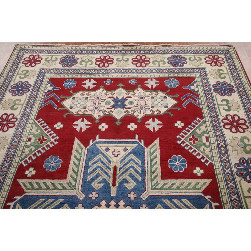Hand Knotted Oriental 100% Wool Carpet Traditional Geometric Red Kazak Area Rug - 9' 10'' X 6' 9''