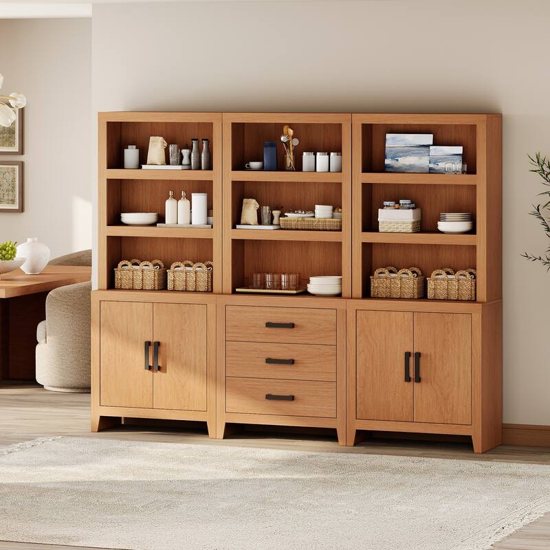 WAMPAT 74" 3-Piece Tall Bookshelf, Farmhouse Bookcase with Doors & Drawers for Living Room & Office