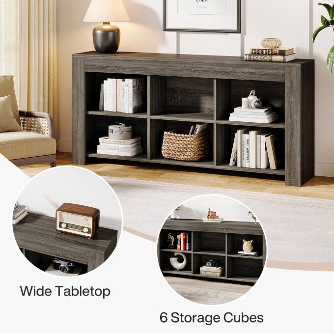 Horizontal Bookcase with 6 Cubes , Rustic Wood Bookshelf
