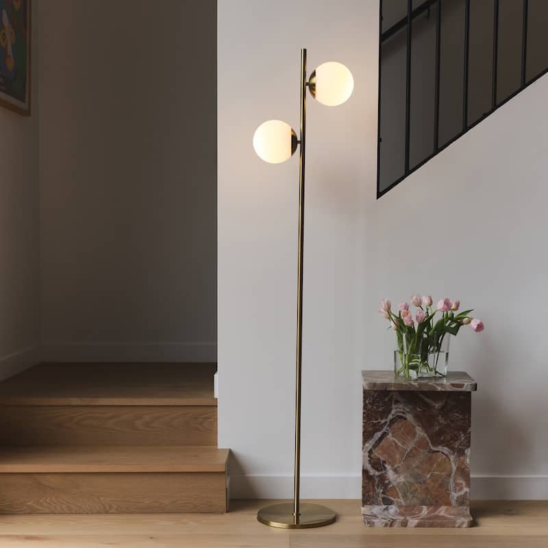 Brightech Sphere 65 in. Antique Brass Modern 2-Light LED Super Bright Floor Lamp with 2 Frosted White Glass Globe Shades