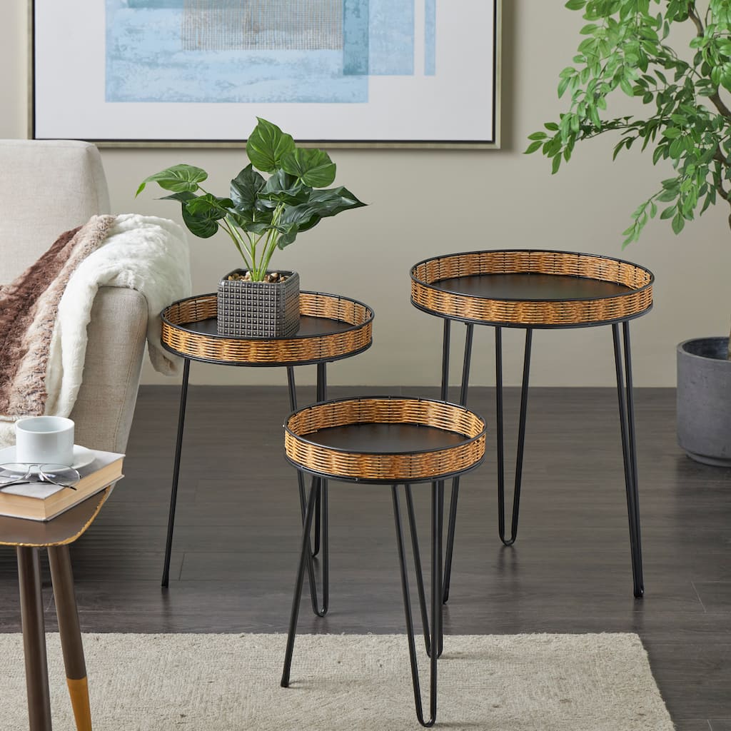 Black Metal Handmade Side End Accent Table with Rattan Edges Tabletops (Set of 3)