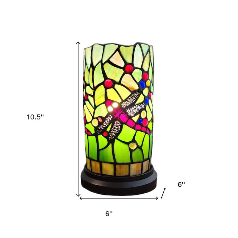 Dark Brown Resin Mini Table Lamp with Stained Glass Dragonfly Shade - 6” x 6” x 10.5” (D x W x H)