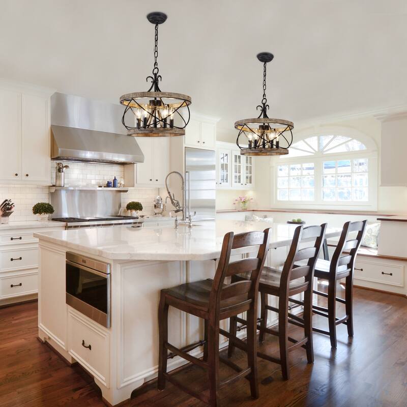 Cusp Barn 15.7 Inch Farmhouse Drum Wood Chandelier, 5-Light Rustic Over Table Chandelier Light Fixtures for Kitchen Island Foyer