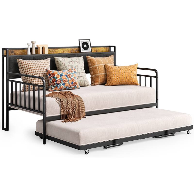 Daybed with Trundle, Twin Bed Frame with Upholstered Headboard and Charging Station