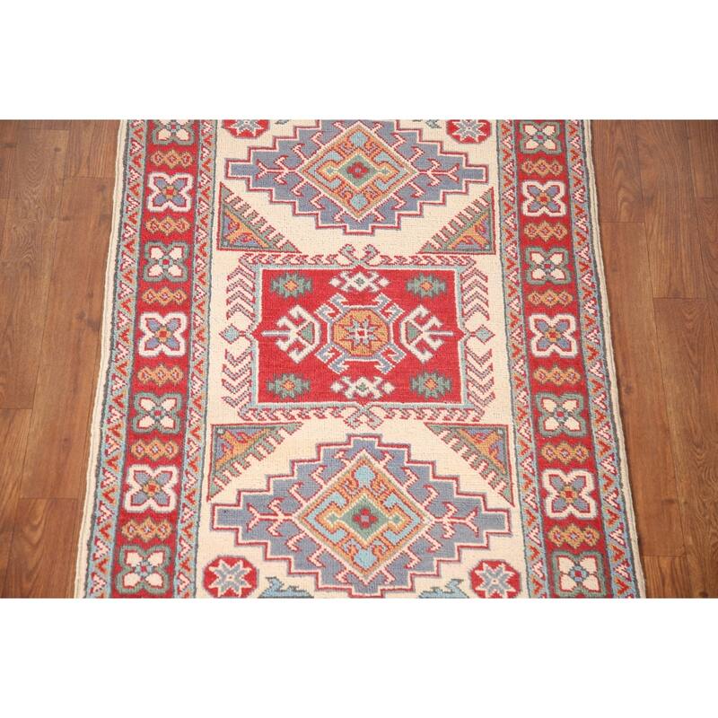 Ivory & Red Geometric Kazak Oriental Accent Rug Handmade Wool Carpet - 2'7" x 4'1"