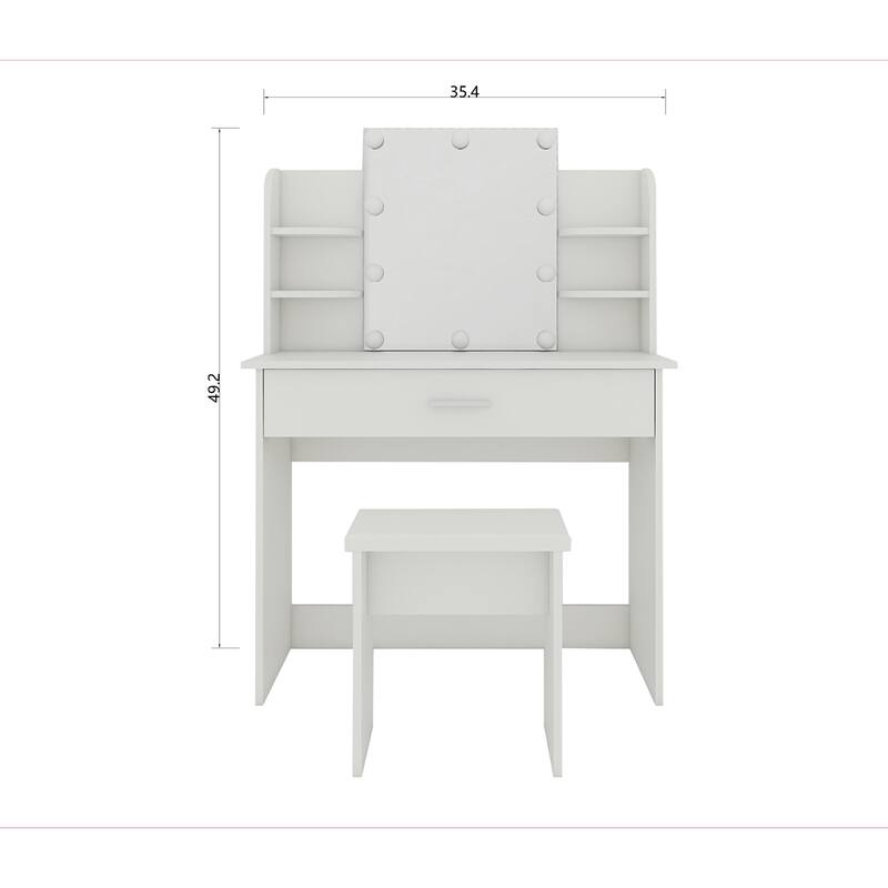 Modern One-Drawer Vanity Table with Adjustable Mirror, Stool & Storage Shelves, Compact Makeup Desk for Small Bedrooms