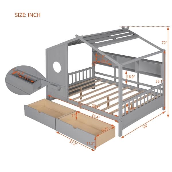 dimension image slide 3 of 4, Wooden House Bed with Roof, 2 Drawers, and Storage Shelf