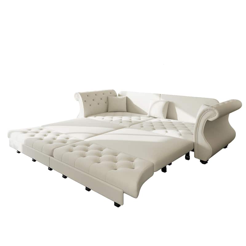 97.6" Oversized Chesterfield Pull-Out Sofa Bed, Velvet Upholstered Sleeper Couch with Roll Arms & Tufting