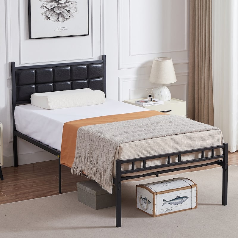 VECELO Faux Leather Tufted Bed, Metal Frame Bed Frame