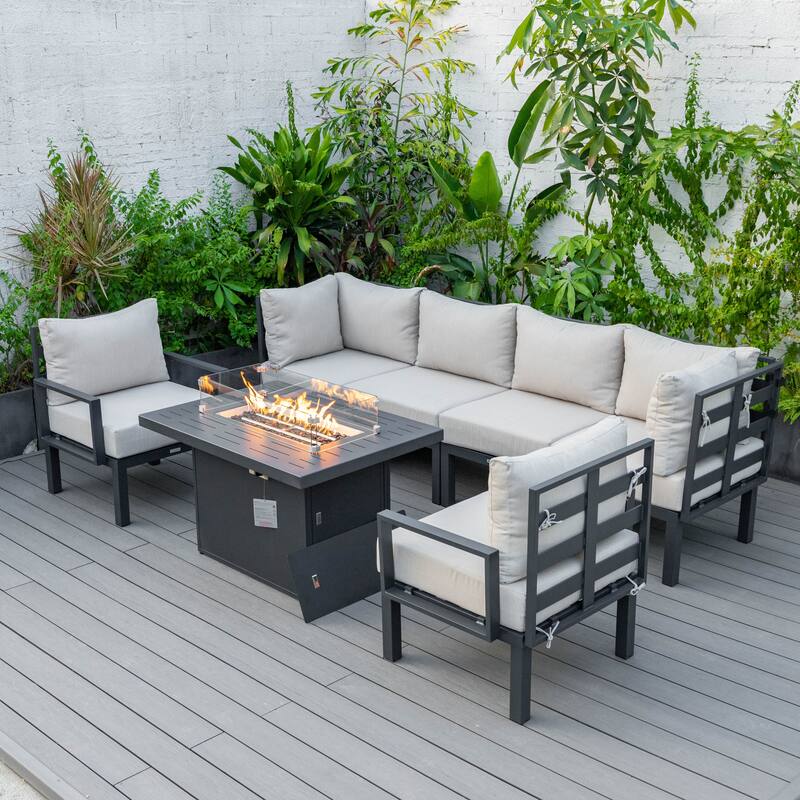 Chelsea 7-Piece Outdoor Patio Sectional Set with Firepit Table in Black Aluminum for Backyard Garden and Patio Deck