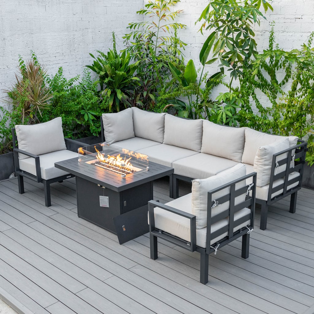 Chelsea 7-Piece Outdoor Patio Sectional Set with Firepit Table in Black Aluminum for Backyard Garden and Patio Deck