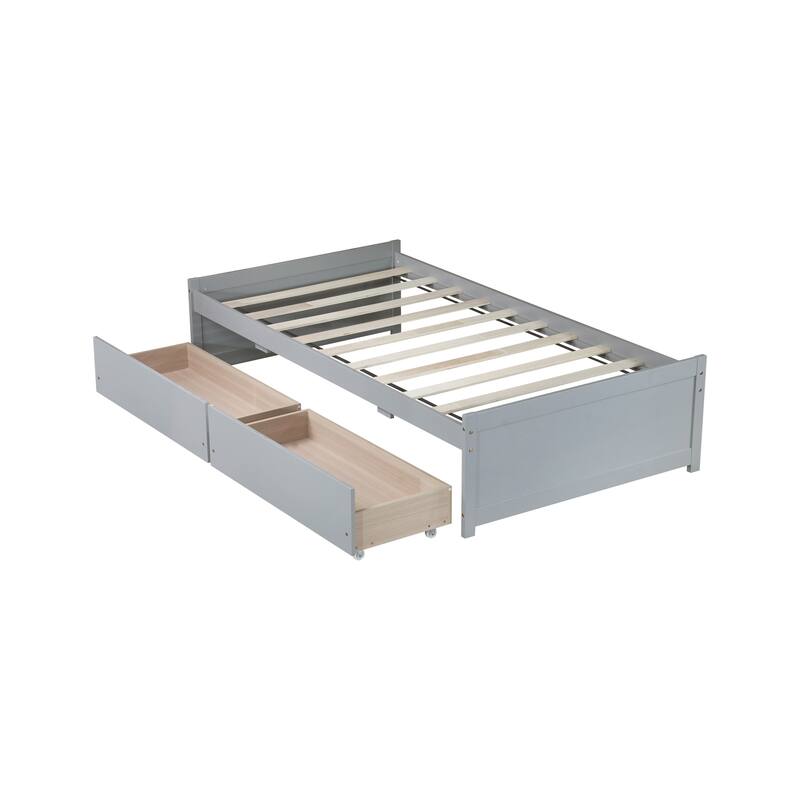 Twin Size Storage Bed with 2 Drawers Solid Rubber Wood Platform Bed, No Headboard