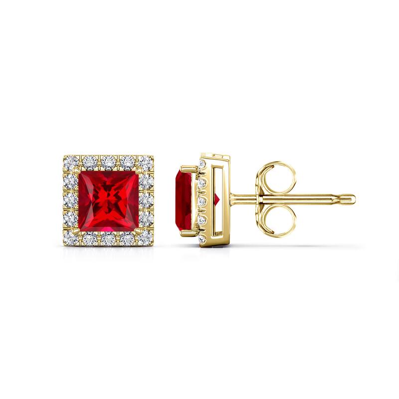 Auriya 14k Gold Lab Grown Gemstone Ruby Stud Earrings Princess 0.25 to 5.00 ct. tw. Halo Push-Back - 3.50ct tgw. - Yellow
