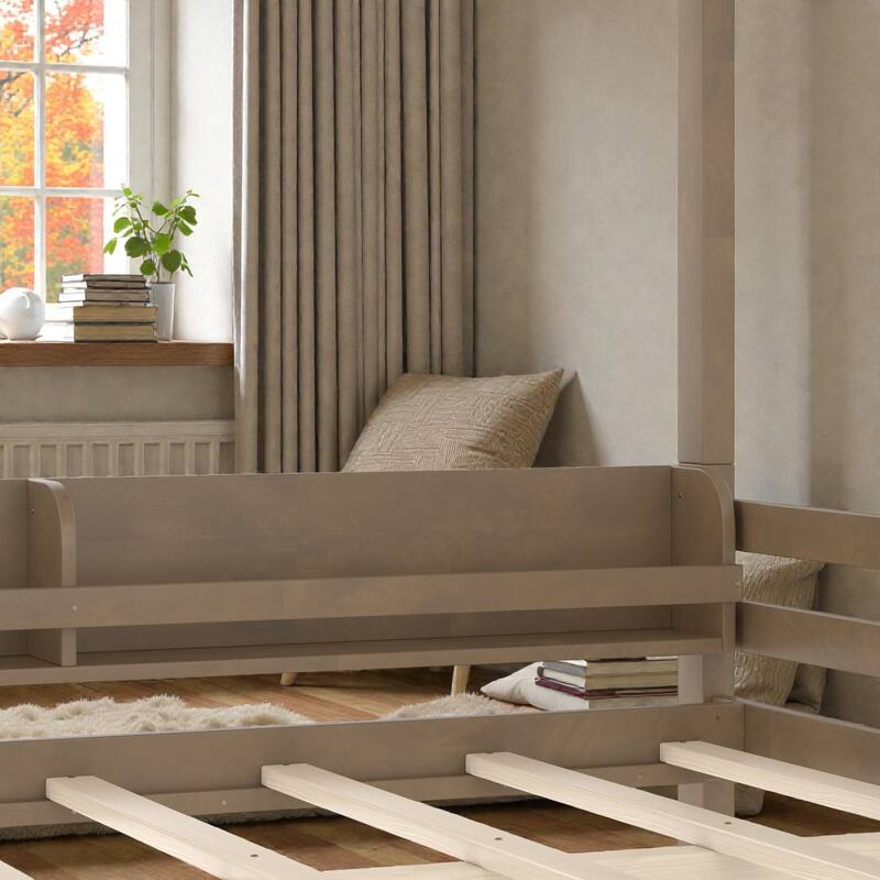 Wooden Bunk Bed Frame with Built-In Storage Shelves, Convertible to Two Beds, No Box Spring Needed