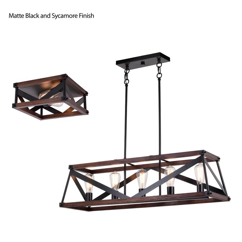 Wade 5L Black and Wood Rustic Cage Linear Chandelier Island Pendant Light Fixture - 36.75-in W x 10.75-in H x 12.75-in D