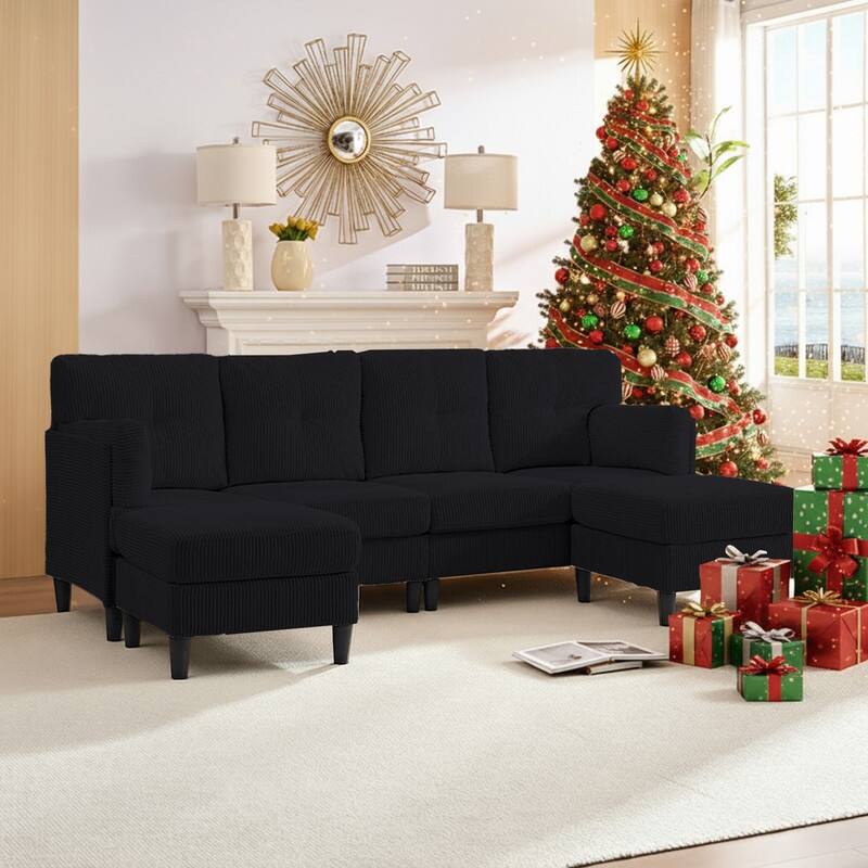 Mixoy Corduroy U-Shape Modular Convertible Sectional Sofa,Upholstered 4-Seater Sofa Couch with Movable Ottoman