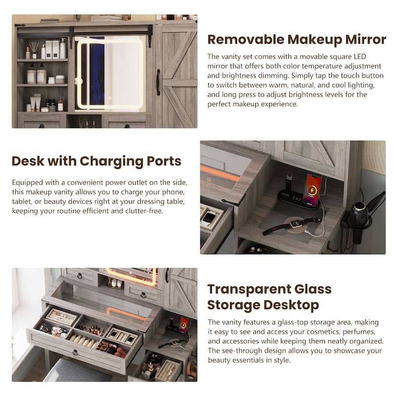 2-Piece Bedroom Makeup Vanity Set with Stool, Farmhouse Glass Top Vanity Desk with Sliding Mirror, Lights and Charging Station