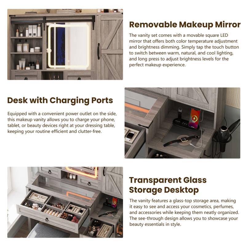 Farmhouse Vanity Desk with Sliding Mirror and Lights, Vanity Set with Glass Top and Charging Station