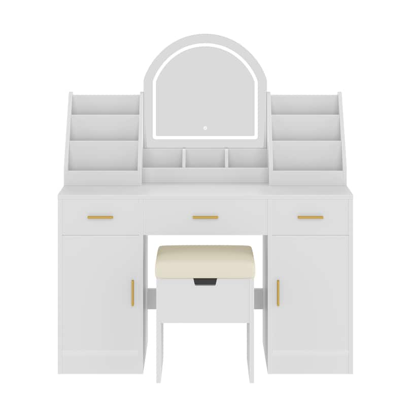 Vanity Desk with LED Lighted Mirror & Storage Stool, Makeup Vanity Set with 2 Organizers, 3 Drawers & 2 Cabinets