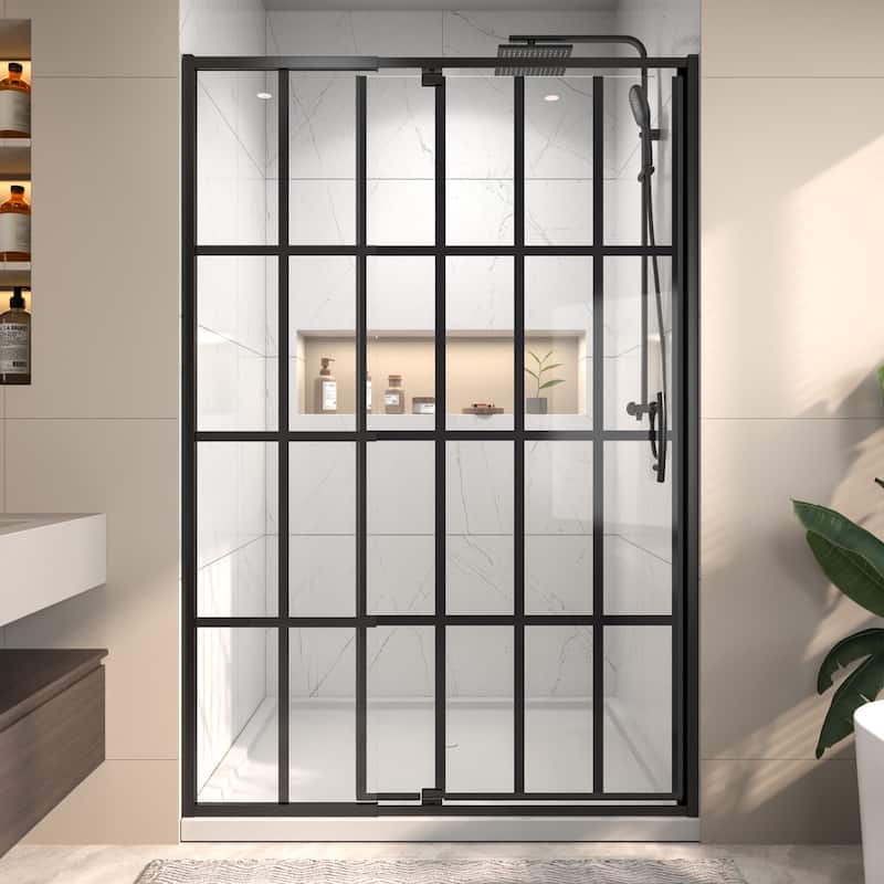 Modland 42" / 48" x 71''H Grid-pattern Pivot Shower Door - Silent Seal, Textured Glass, 4" Adjustable Frame - 48''x 71''