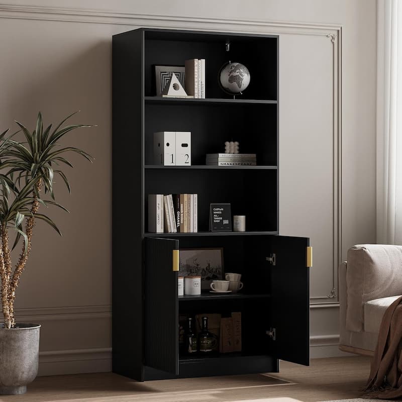 70.8 Inch Modern Display Cabinet Fluted Doors Gold Handle Bookcase Living Room Office