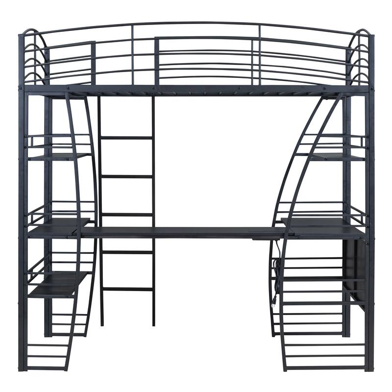 Modern Twin/Full Loft Bed with Metal Frame, Desk, Storage Shelves, and USB Charging