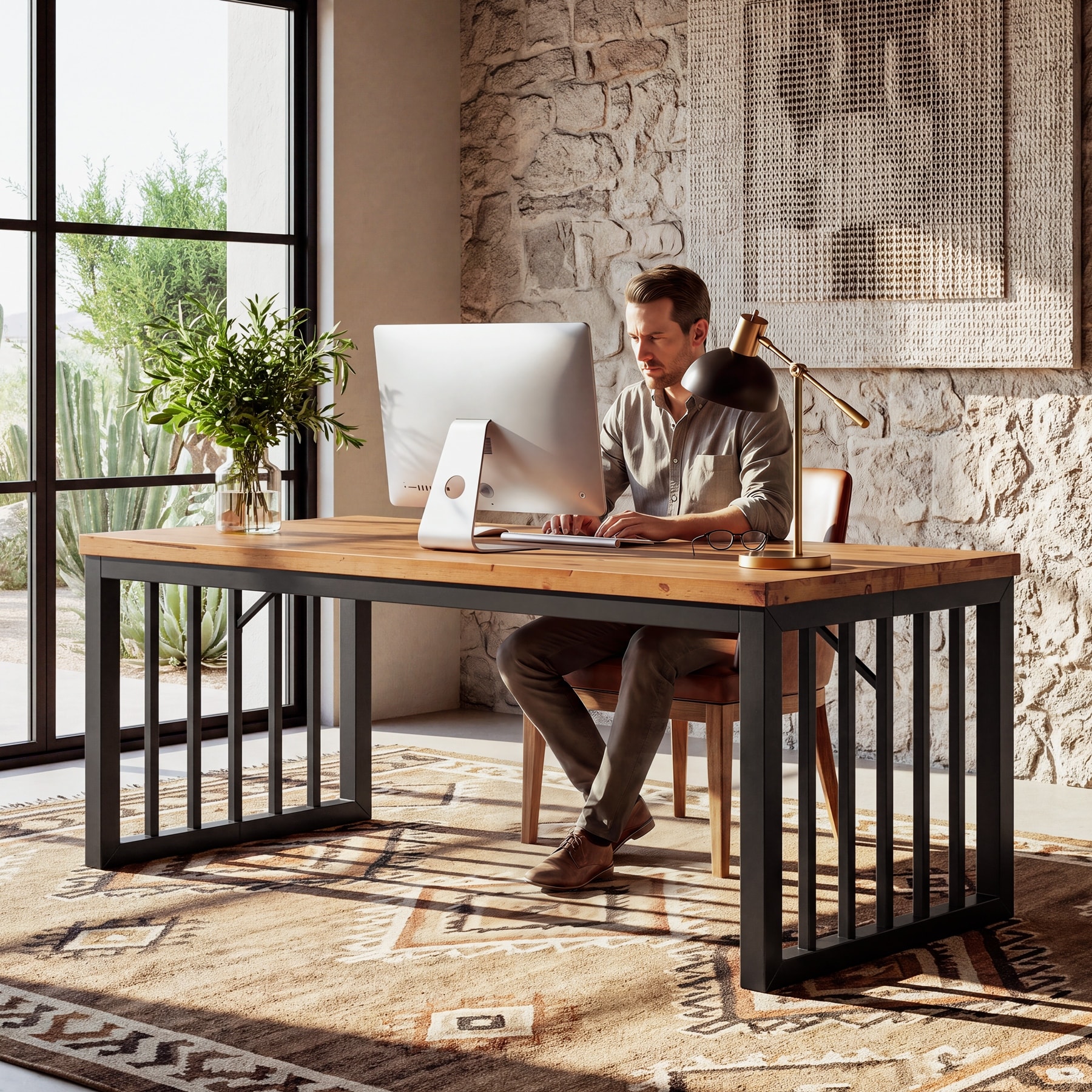 Solid Wood Executive Desk, 63 Inch Home Office Computer Desk