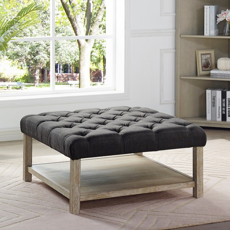 Augustin Farmhouse Square Fabric Storage Tufted Cocktail Ottoman by Furniture of America - Dark Grey