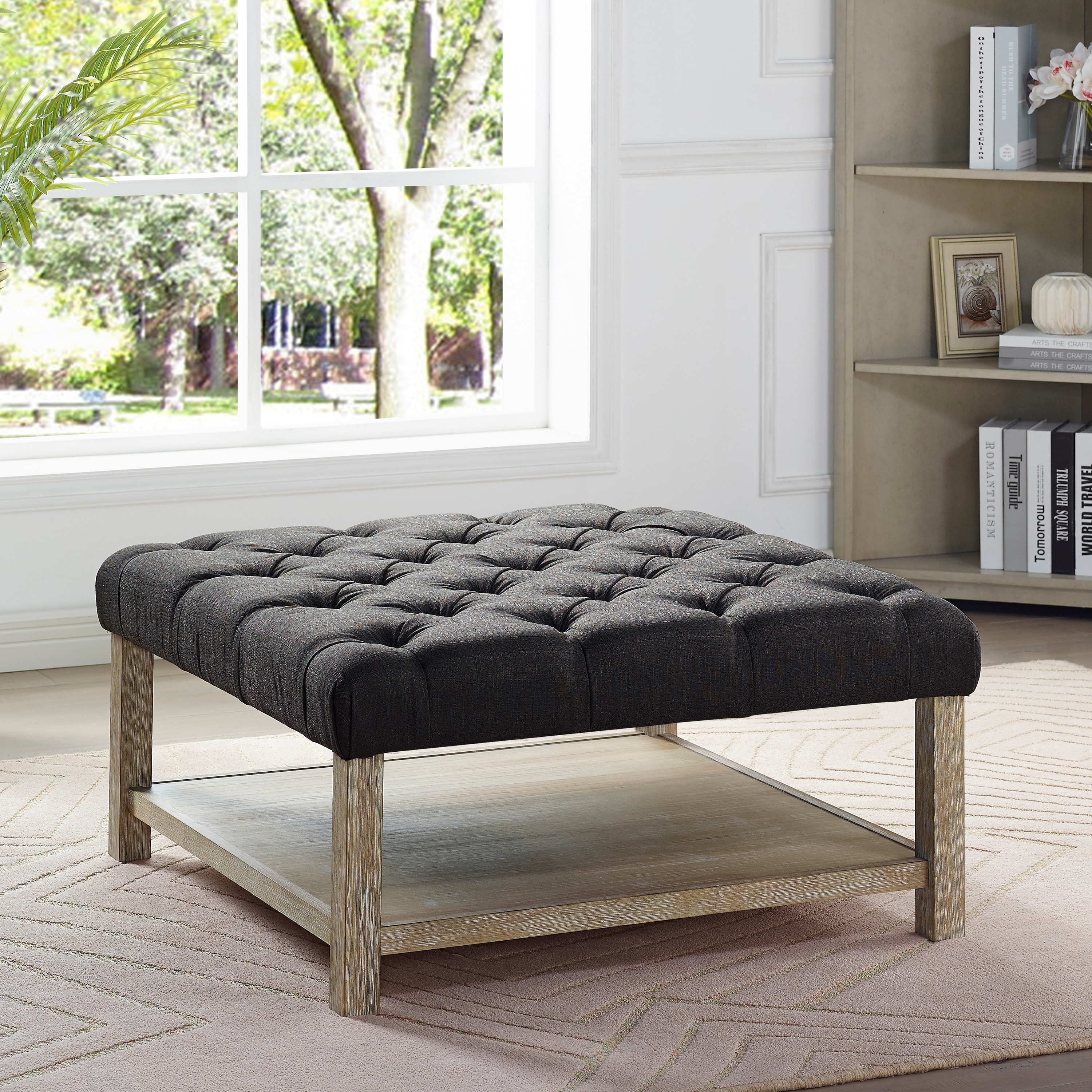 Furniture of America Augustin Farmhouse Square Fabric Storage Tufted Cocktail Ottoman