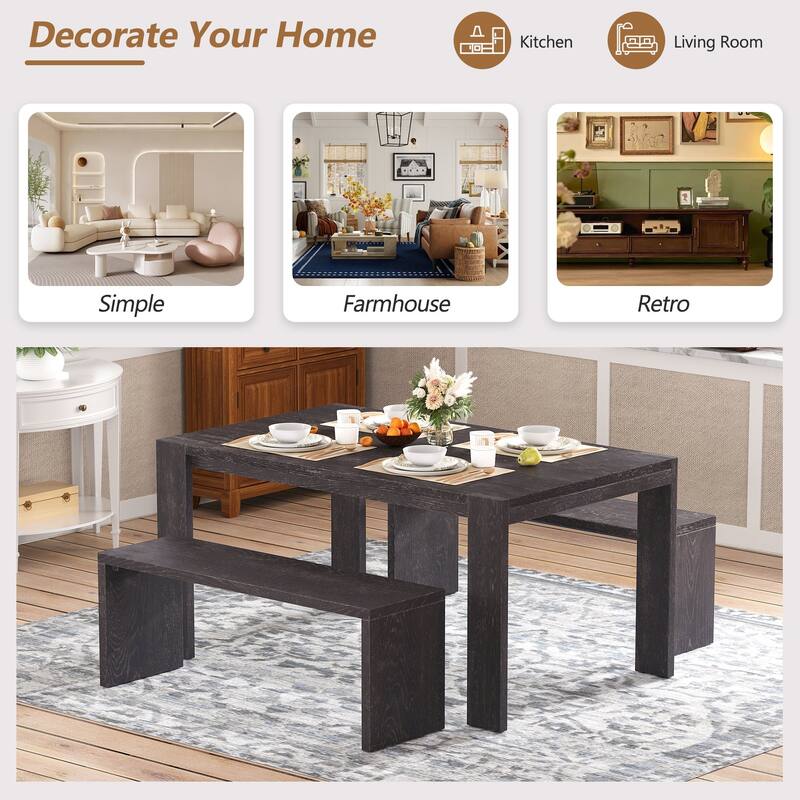 Rectangular 3-Piece Dining Set with Benches, Farmhouse Kitchen Table Set for 6, MDF & Rubber Wood