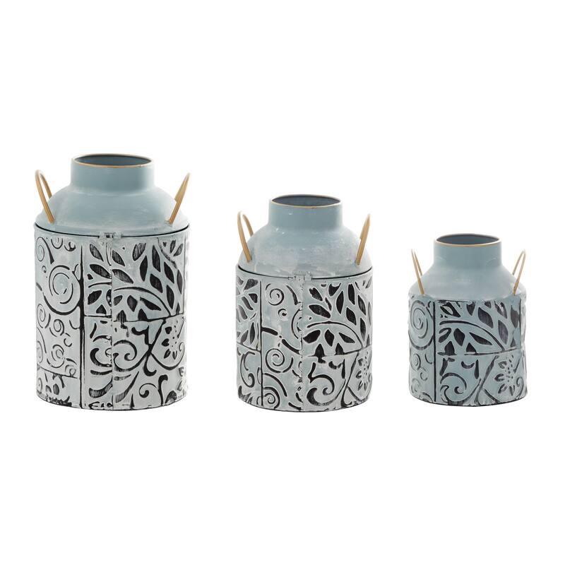 Metal Floral Embossed Vase with Gold Handles - Set of 3 Blue - Roche River Decor - 7"W x 6"L x 8"H