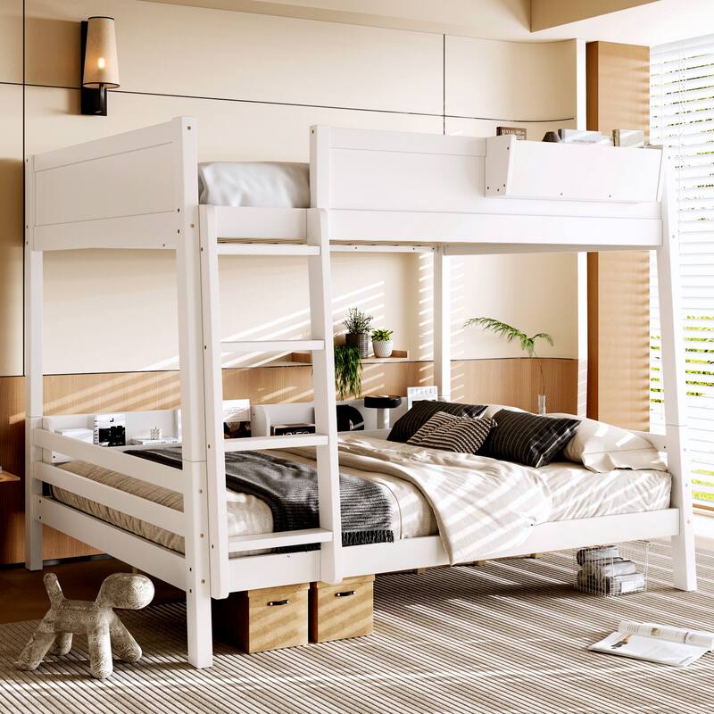Queen Bunk Bed With Storage Shelf and Bookshelf,Wood Bunk Bed with Ladder and Guardrails,Detachable Design - White