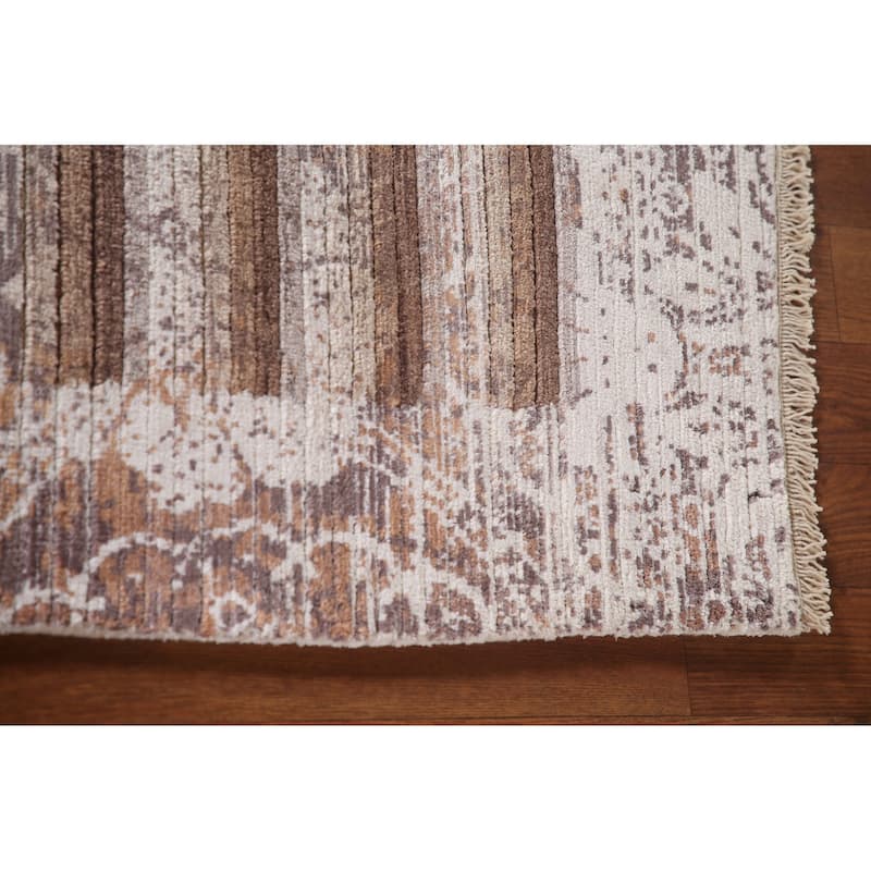 Striped Brown Abstract Oriental Accent Rug Handmade Wool Carpet - 4'1"x 5'11"